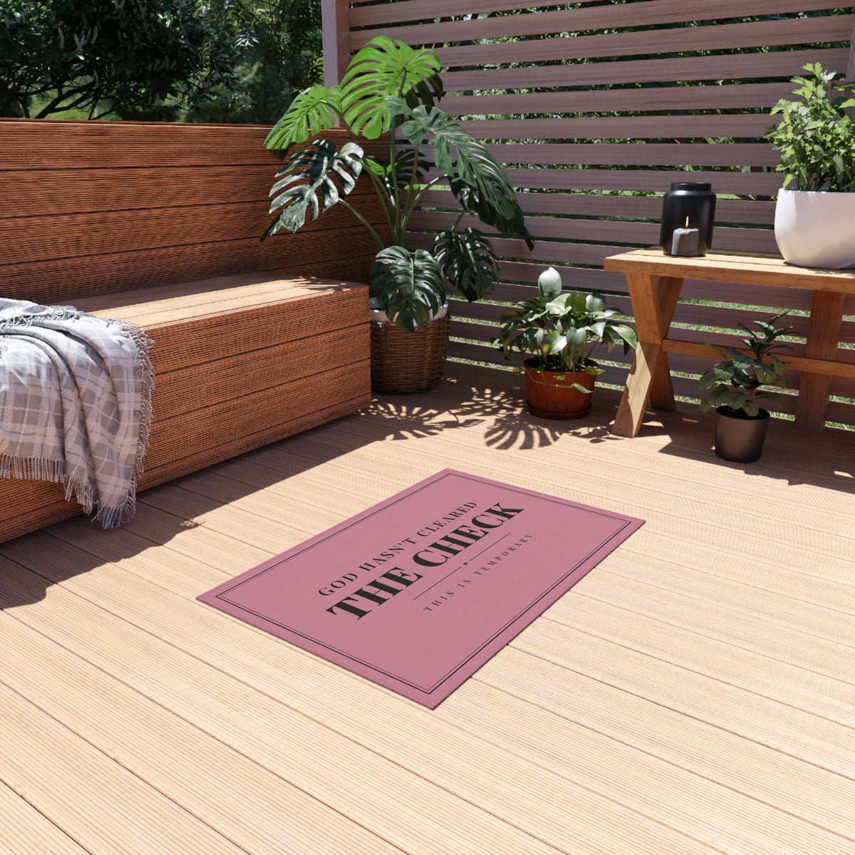 Outdoor Rug — Pink 'God Hasn't Cleared The Check' Doormat (Temporary Message)